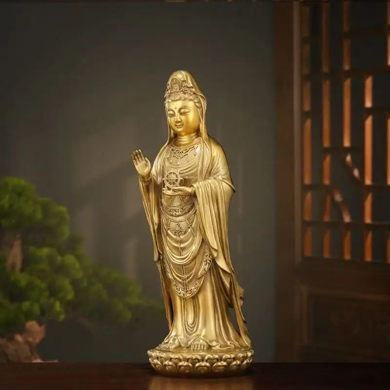 

Lucky Copper South Sea Goddess of Mercy Bodhisattva Standing Lotus Flower Decor