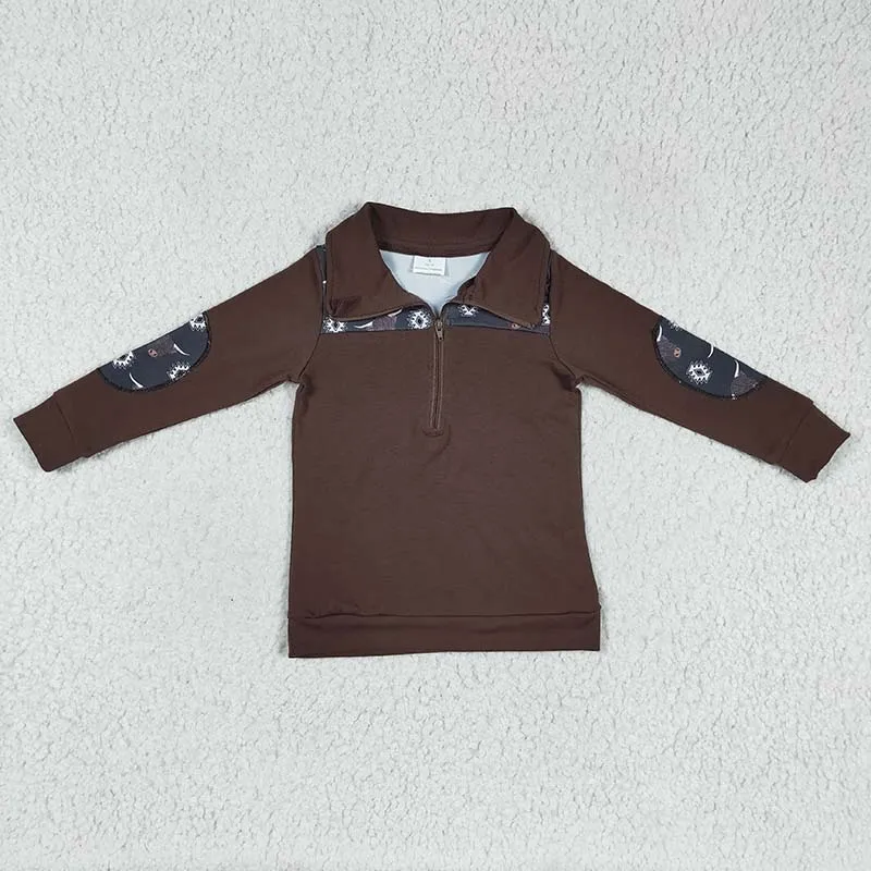 

Toddler Western Cow Brown Long Sleeves Pullover Cotton Shirt Wholesale Baby Boy Tee Lapel Children Zipper Spring Fall Clothing