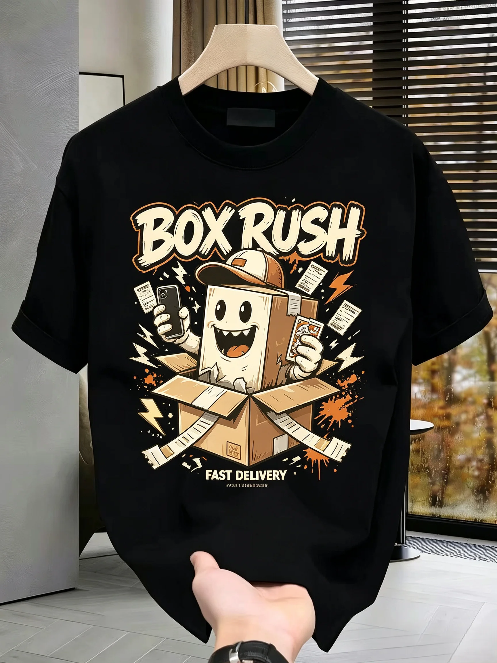 Unisex BOX RUSH Cartoon Delivery Box Graphic T Shirt Men Women Cute Retro Street Style Short Sleeve Black Tee