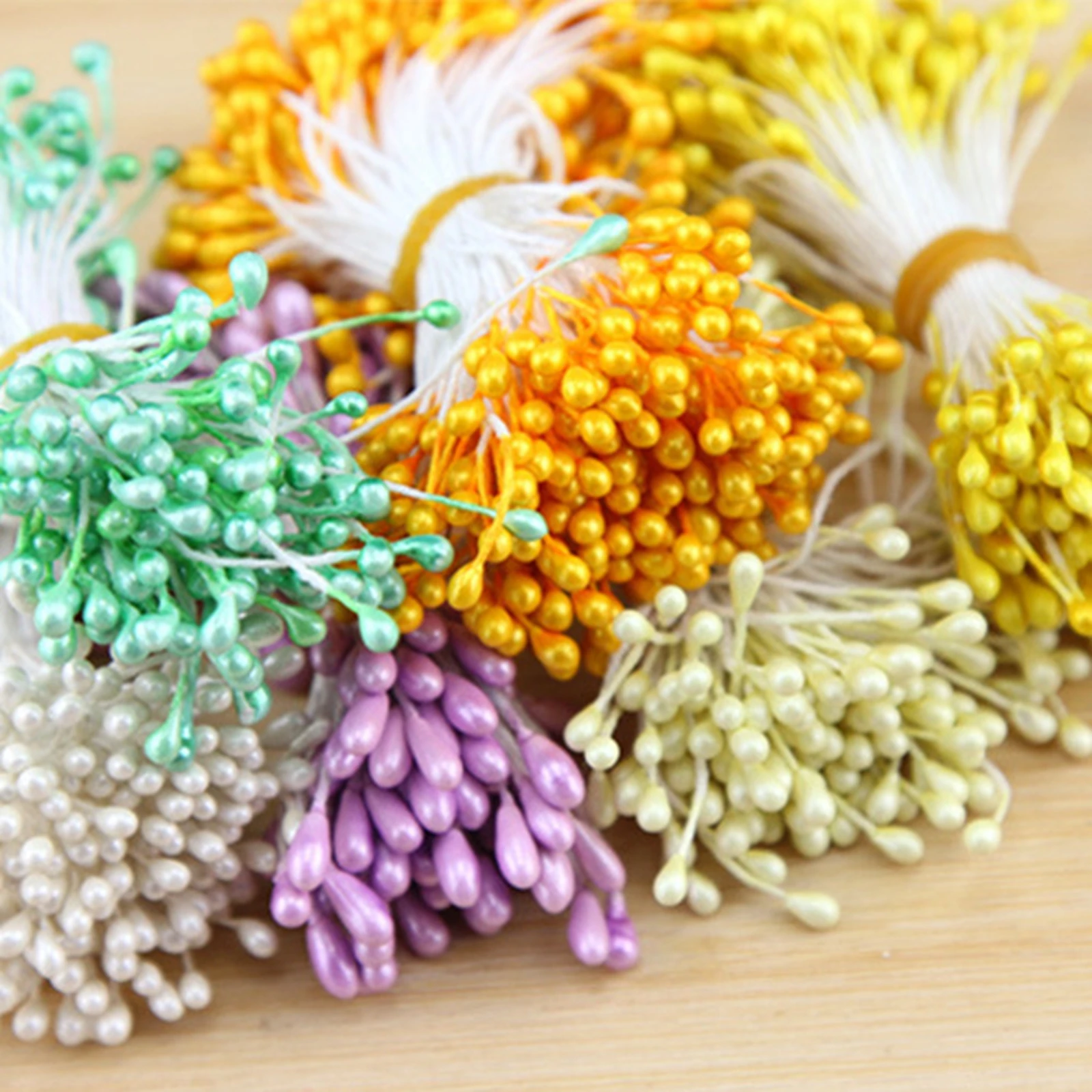 300 Pcs Pearl Effect Artificial Flower Stamen Double Round Heads Cotton String for Wedding Millinery Sugarcraft