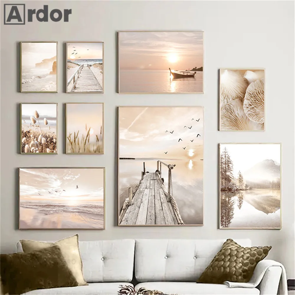 1pc Canvas painting  Natural Scenery Print Reed Grass Beach Canvas Poster Lake Boat Bridge Sunset Wall Art Painting Nordic Wall