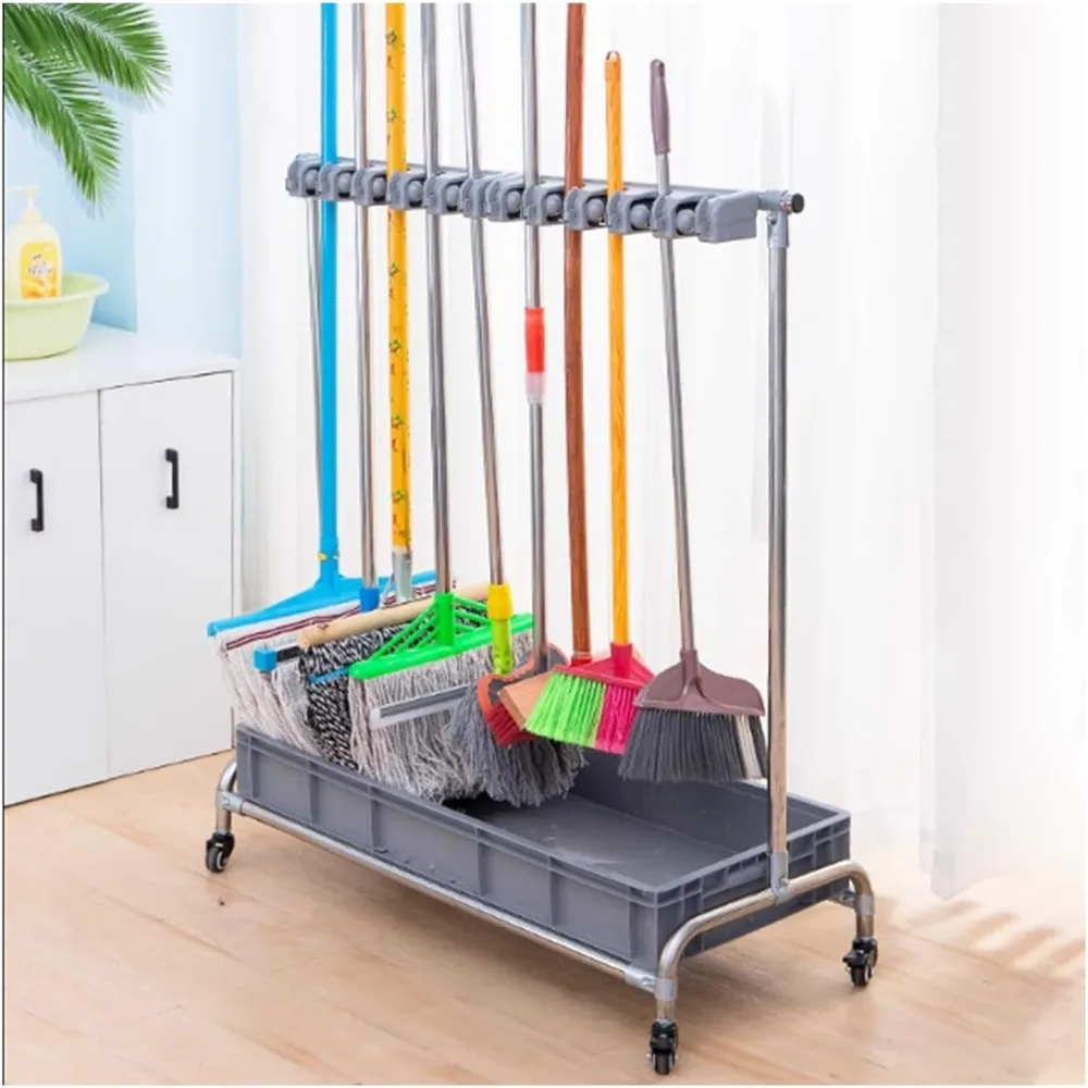 Tempat Pel dan Payung Portabel dari Baja Anti Karat dengan Penyimpanan untuk Peralatan dan Perlengkapan Kebersihan