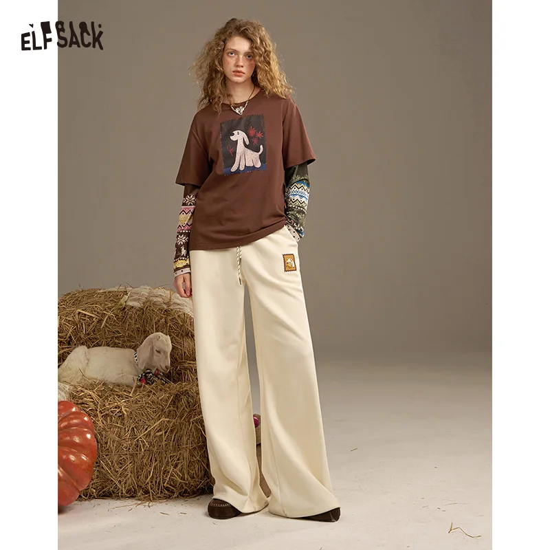 ELFSACK 2025 秋の新作 カジュアルスタンプ風プリント ドローストリング ワイドレッグ スウェットパンツ レディース