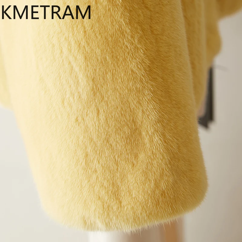 معطف فرو المنك الطبيعي امرأة فاخرة الأصفر الخامس الرقبة الفراء الحقيقي سترة عالية الجودة الشتاء النساء الملابس فروي جاكيتات 2025 Fourrure