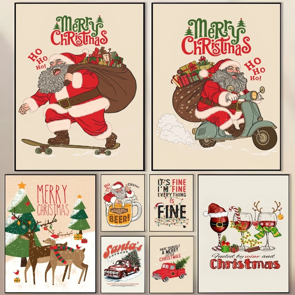 

Happy Christmas Painting Calligraphy Vintage Poster Canvas Waterproof Wall Art Perfect For Hallway Home Decoration Holiday