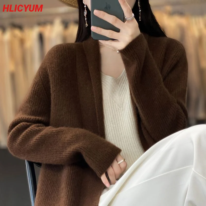 Long cashmere cardigan Autumn/winter new casual knitted garment Thickened V-collar lady\'s jacket loose 100% pure wool sweater