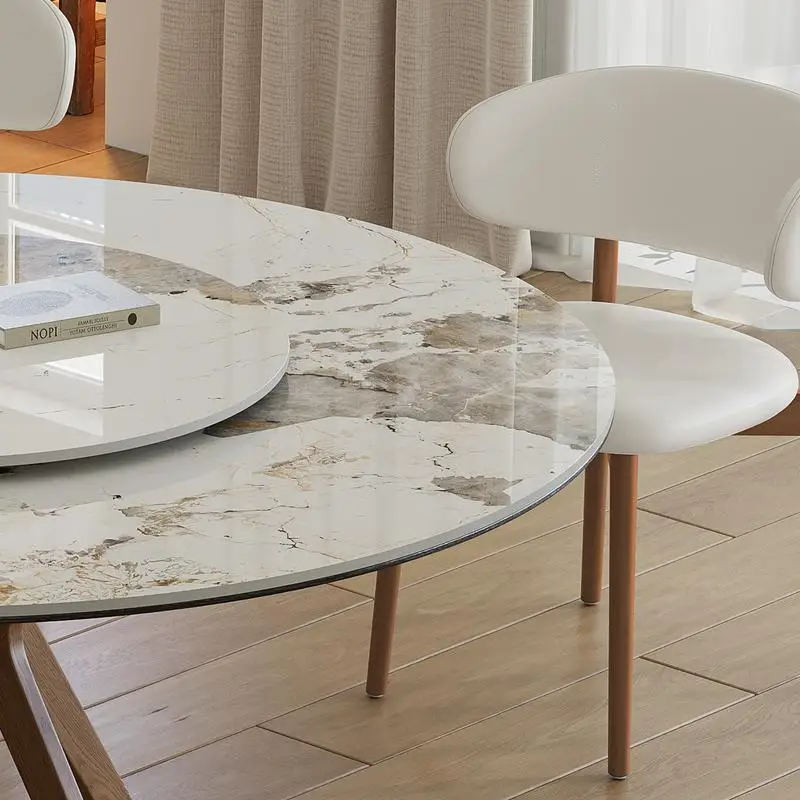 طاولة طعام مستديرة من الحجر الملبد مقاس 59 بوصة مع قرص دوار مقاس 35 بوصة، مقاعد 6-8، قاعدة من خشب الجوز