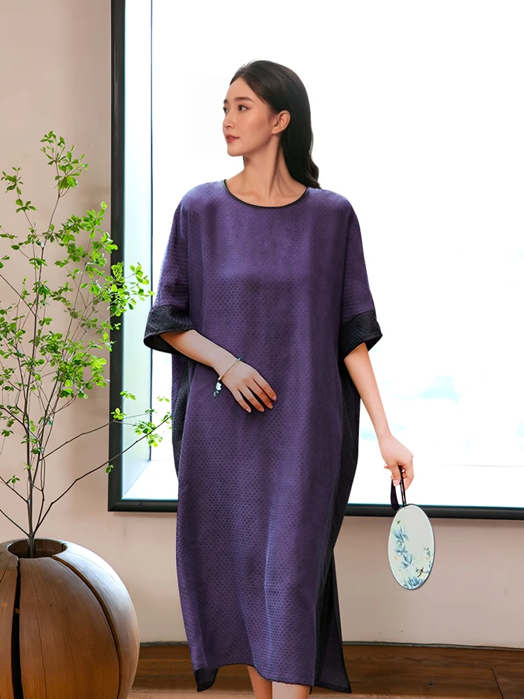 Women's Fashion Autumn New High End 100% Natural Mulberry Silk Fragrant Cloud Yarn Purple Loose Round Neck Short Sleeve Dress