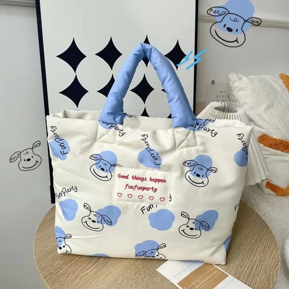 

Cute Cartoon Dog Cotton Padded Tote Bag Flower Tulips Mommy Quilte Handbag Portable Large Capacity Flower Shoulder Bag Kids