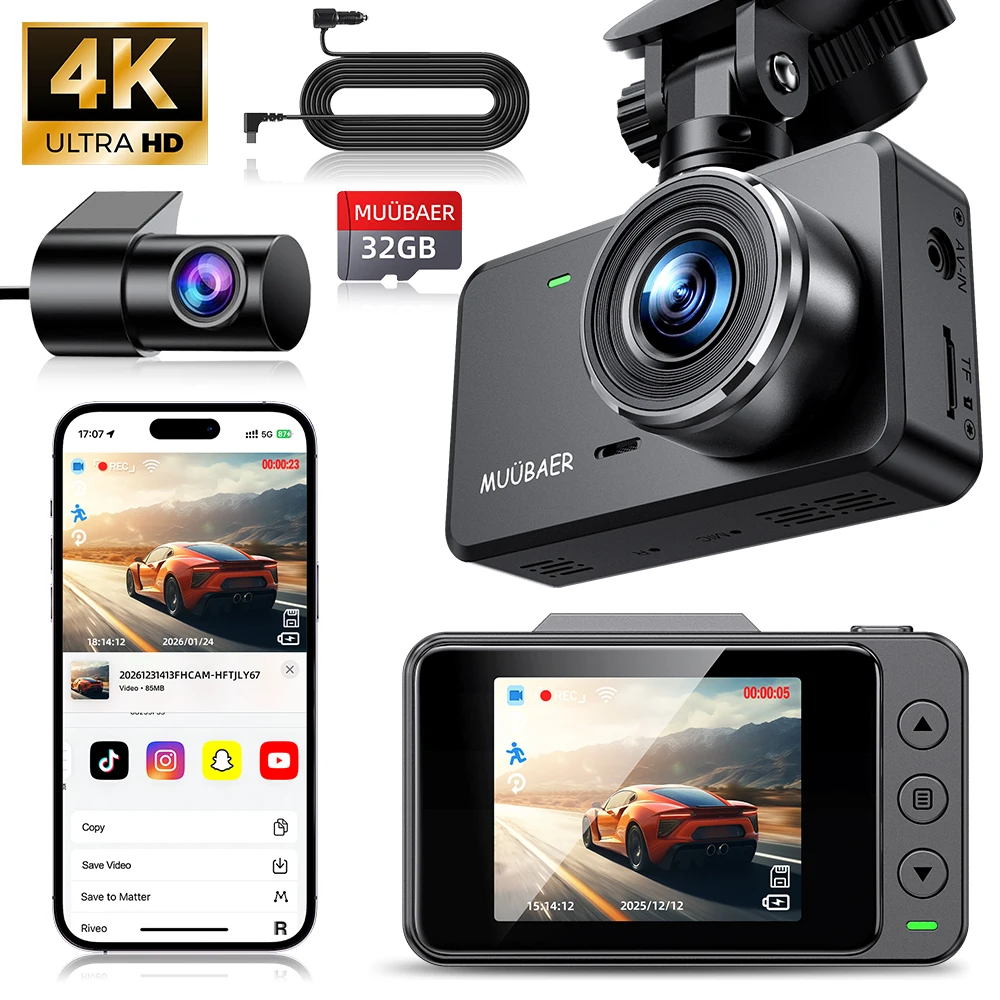 

Видеорегистратор с двумя камерами: 4K спереди, 1080P сзади, 3-дюймовый IPS-экран, Wi-Fi, угол обзора 170° ° Широкоугольный, с ночным видением, циклической записью, бесплатной картой памяти 32 ГБ, автомобильный видеорегистратор