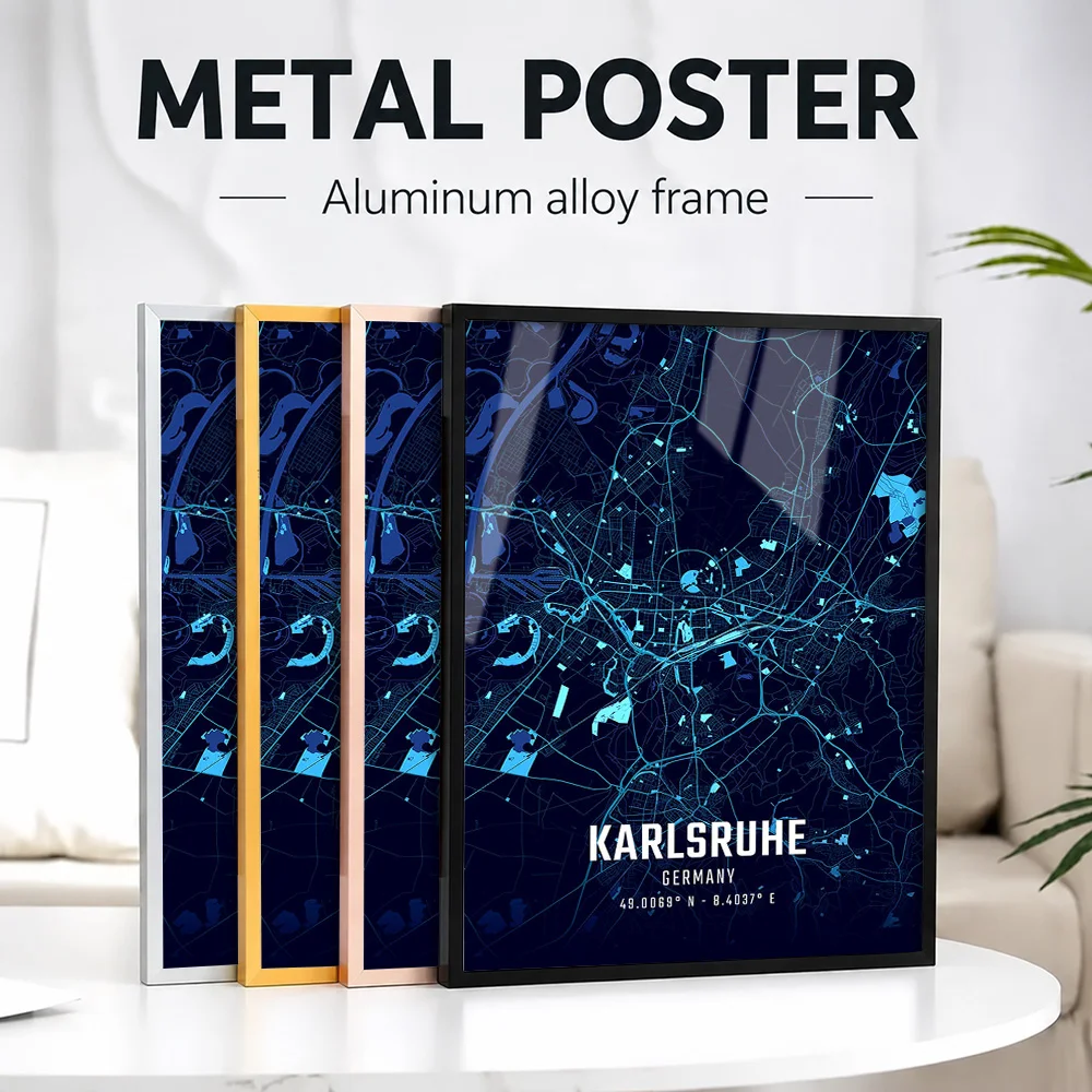 Karlsruhe Midnight City Map Framed Metal Poster Personalized Photo Bold Landmark Style Wall Art For Living Room Collector Gift