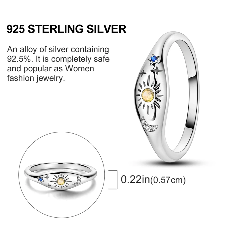 Bague de Couple en Argent 925, Soleil Éternel, Lune et Étoile, Accessoire à la Mode, Personnalisée, Créative, Polyvalente, pour Femme, 1 Pièce