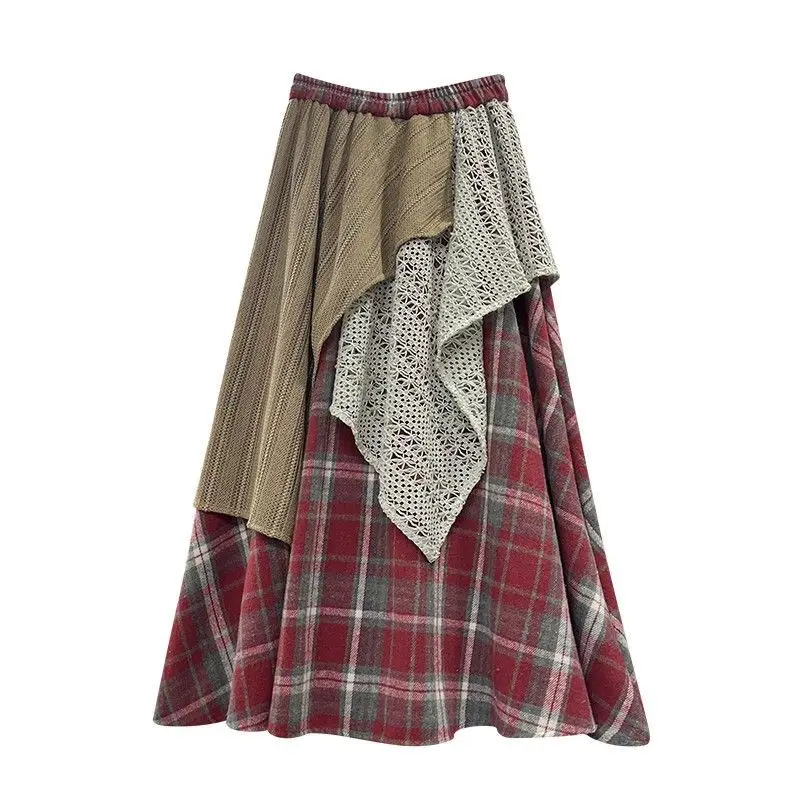 Retro onregelmatige patchwork contrasterende geruite rok voor dames in de herfst winter 2024, afslankende en casual A-lijn rok met hoge taille