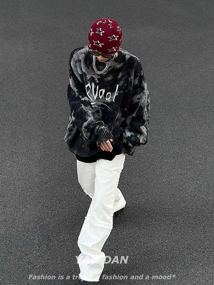 

Gothic punk Men's knitting sweater Retro Tie Dye Gradient Knit Sweater Black Street Style Hip Hop Fashionable Pullover Outerwear