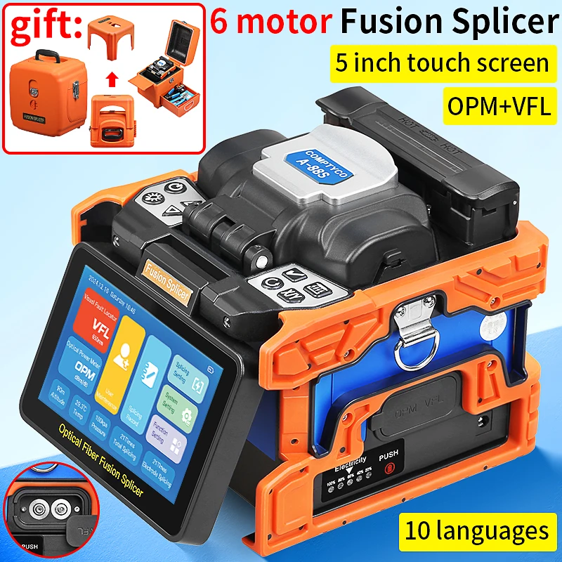 COMPTYCO A-88S Optical Fiber Fusion Splicer Six Motors 10 Languages Touch Screen Fiber Core Heat Fusion Machine Built in VFL OPM