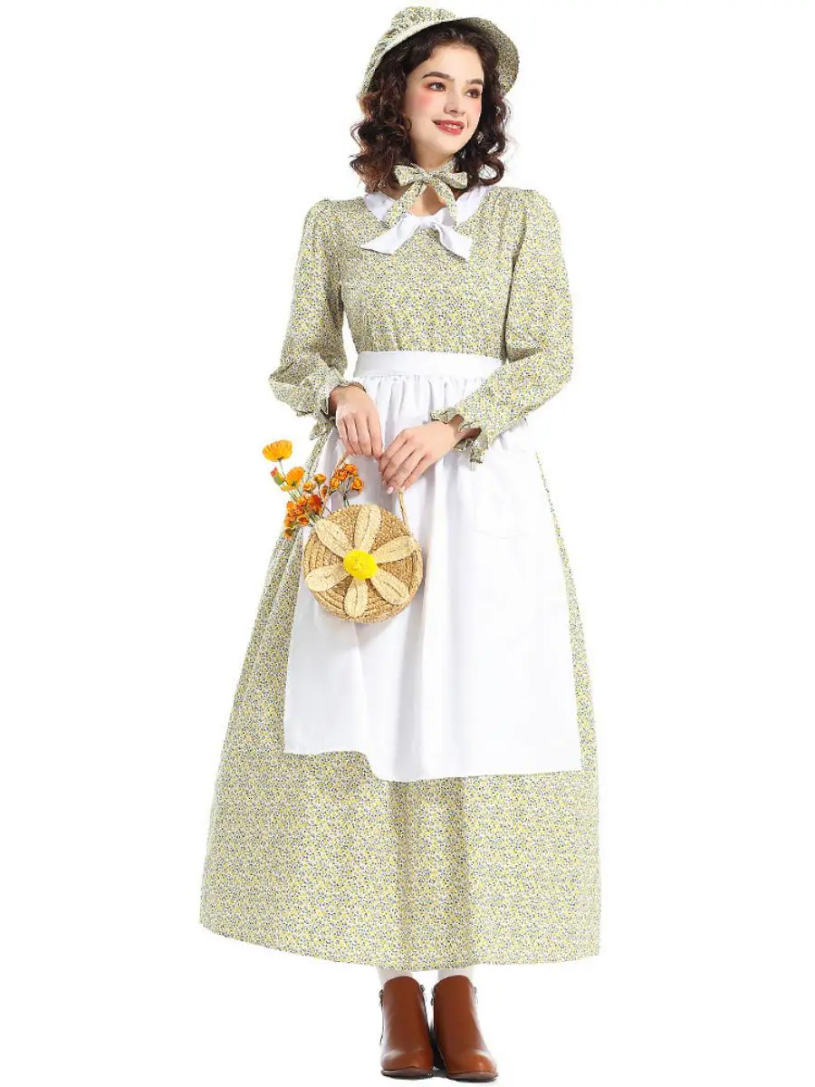 Nieuw Halloween-kostuum gele bloemenprint Dr. Schort Pionier Outfit Etnische kleding voor dames Toneelkostuum Polyester Materiaal