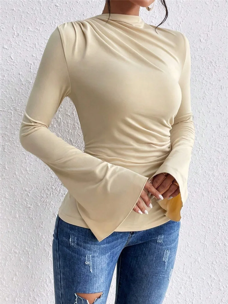 Women's Flare Sleeve Stand Collar T-Shirts Solid Color Female Sexy Slim Tees Chic Pleated Pullovers Spring Autumn Elegant Tops