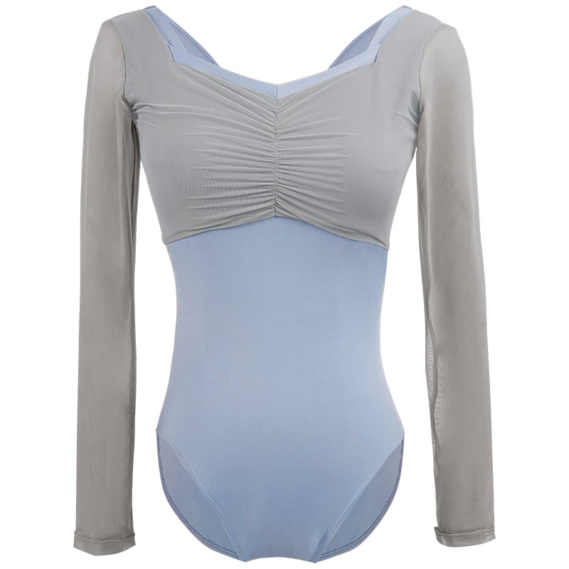 Body per balletto per donna ginnastica per adulti Yoga Ballerina tute da ballo Patchwork Mesh body con colletto quadrato a maniche lunghe