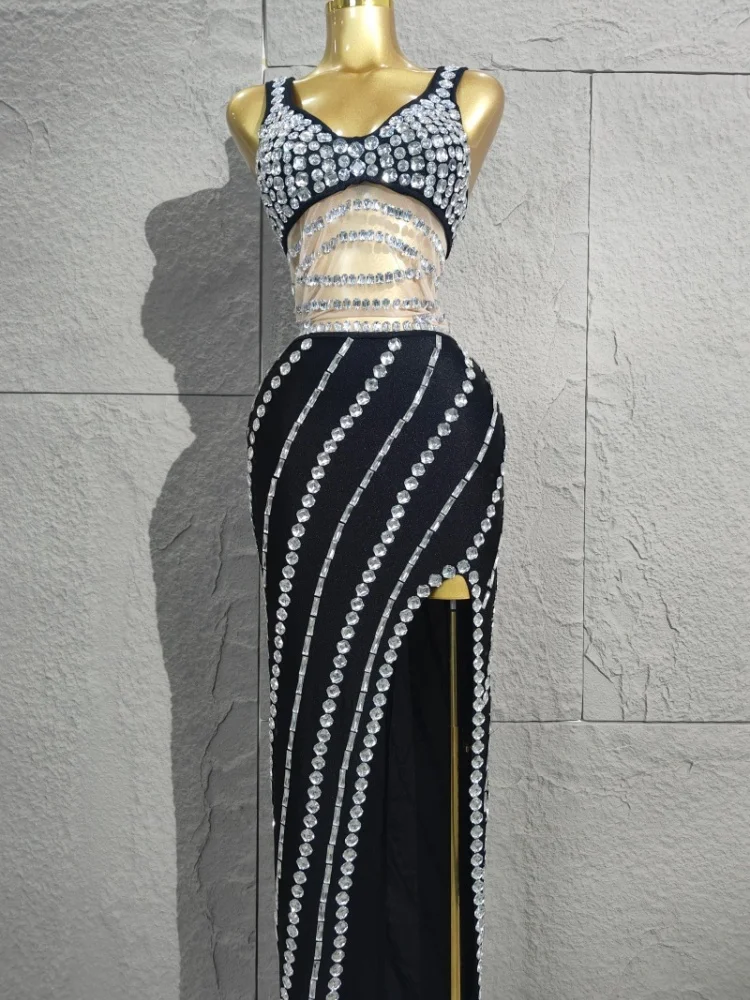 

2025 Black Sparkly Rhinestone Maxi Dress - Deep V-Neck and High Slit, Must-Have for Glamorous Party Looks