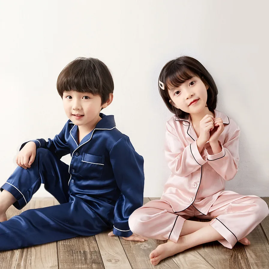 100% Mulberry Silk Children's Pajama Set Long-sleeved Kids Two-piece Pajamas Set 19MM Heavy Silk Pajamas for Boys Girls 150cm