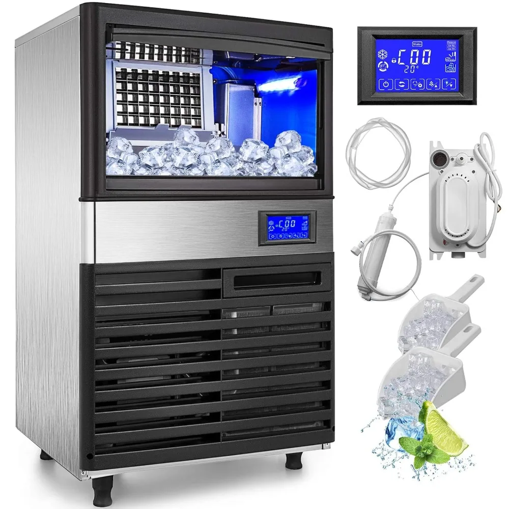 110V Commercial Ice Maker Machine, 155LBS/24H Commercial Ice Machine with 39LBS Bin and Electric Drain Pump, Water Filter,