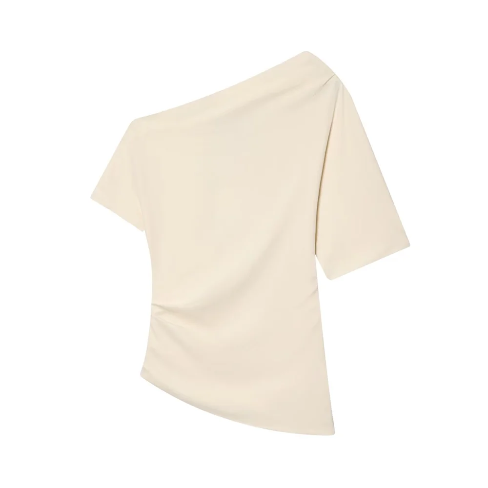 

Зима 2025 года, новый продукт, женская одежда, простой стиль, украшение от морщин, рубашка с вертикальным воротником и асимметричными рукавами