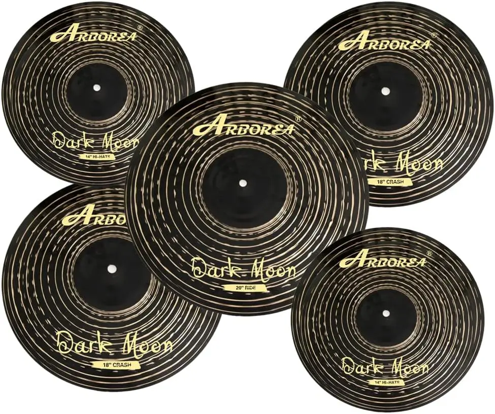 Arborea Drum Cymbal Pack 14” Hihats,16” Crash,18” Crash,20” Ride Classics Drak Moon 5 Pieces for Drum Set