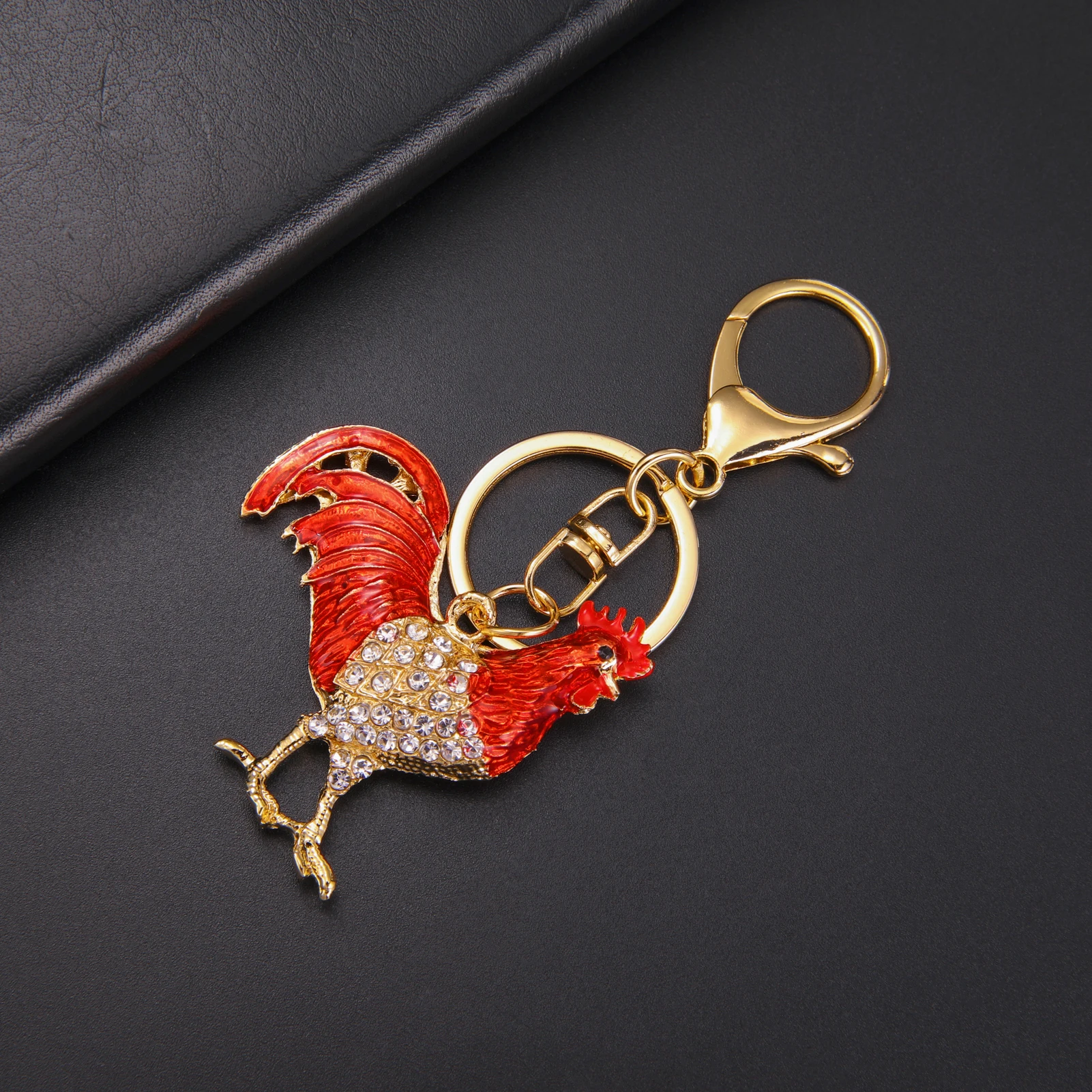 VASSAGO Colorful Rhinestone Rooster Chicken Keychains Luxury Metal Chinese Zodiac Chicken Key Chains Handbag Pendant Jewelry