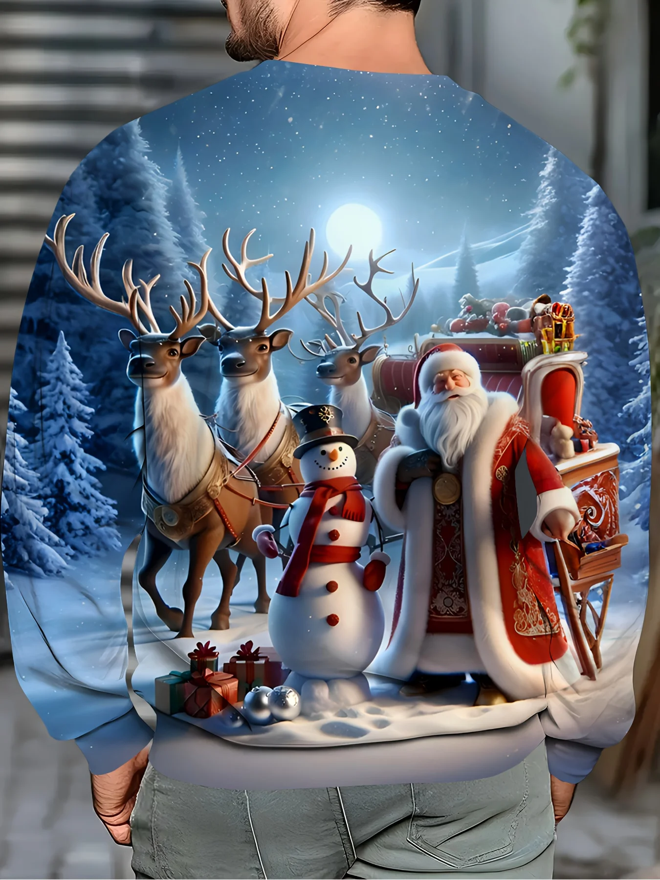 Men Christmas Round Neck Sweatshirt, Santa Snowman Reindeer Snow Forest Moon Print Polyester Casual Pullover