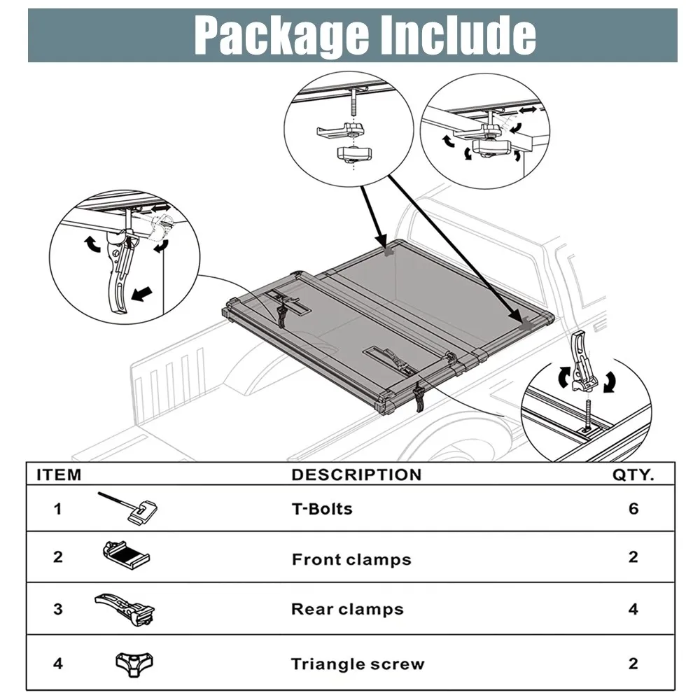 Acessórios universais da fixação das peças da substituição para o caminhão do recolhimento de tonneau duro tri-fold capa de cama braçadeira dianteira traseira preto t-bolts