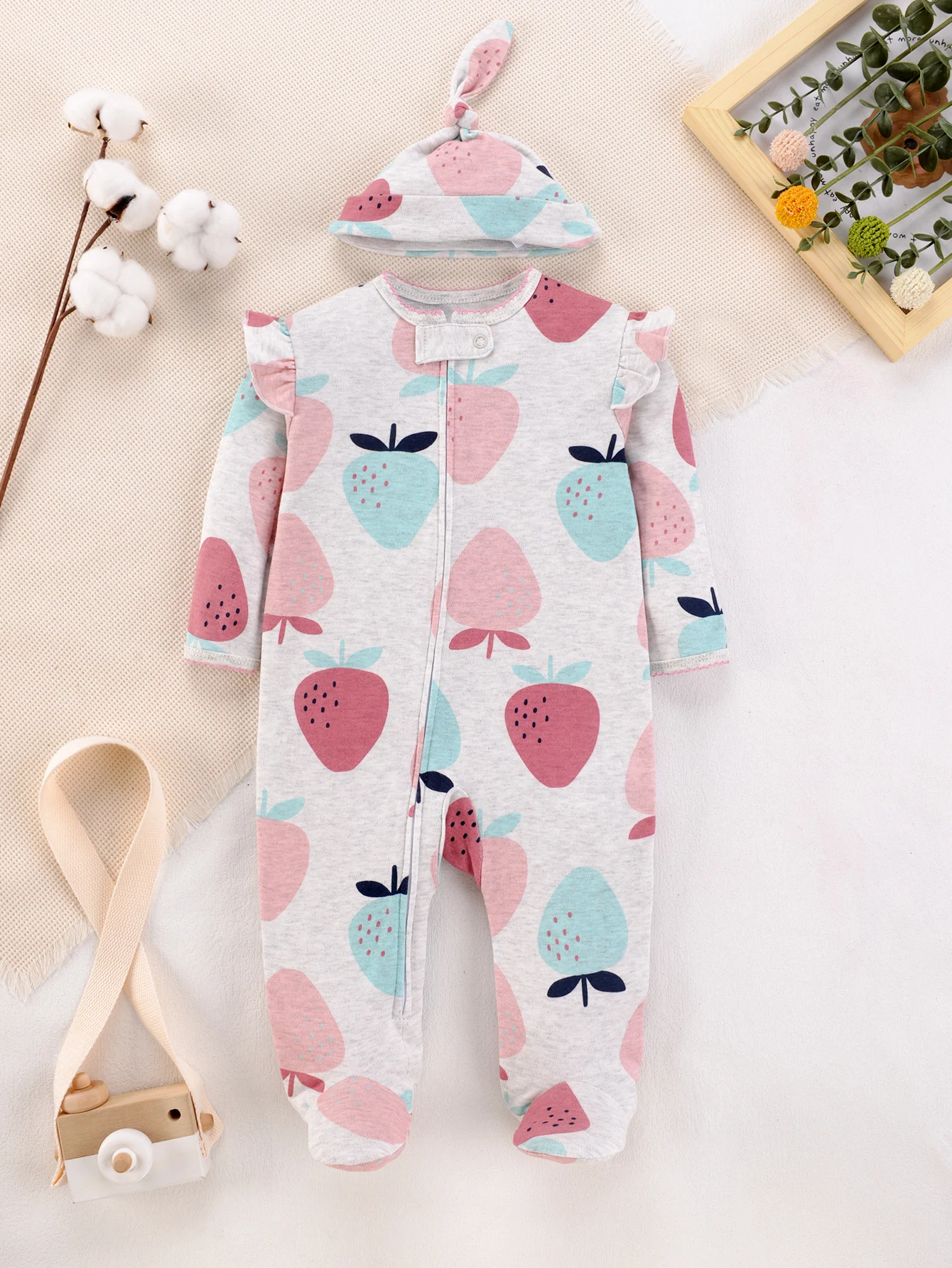 Gray Cotton Baby Romper with Flutter Sleeves And Strawberry Print Zipper Onesie with Matching Hat for Newborn Girls All Season
