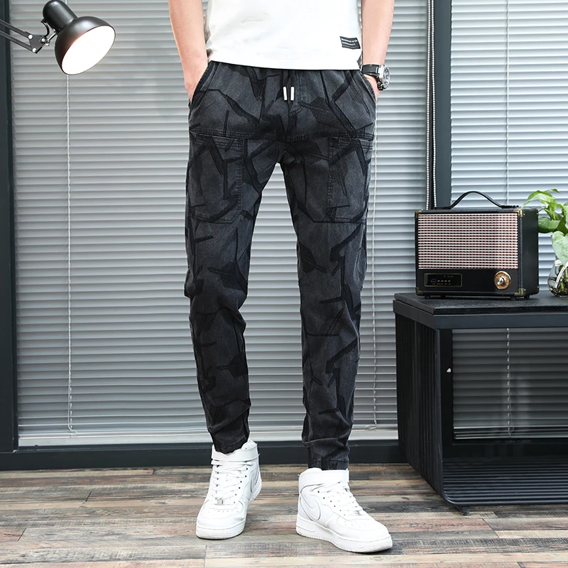 

Casual Pants Men's Ankle Binding Autumn New Style Fashionable Pants Personalized High Street Texture Splicing Washing Trousers