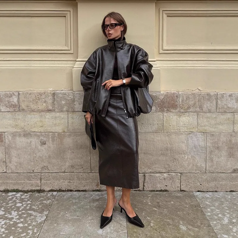 New Fashionable Zipper Slimming Women's Clothing Autumn and Winter Stand-up Collar Leather Jacket Women Coat and Half Dress Set.