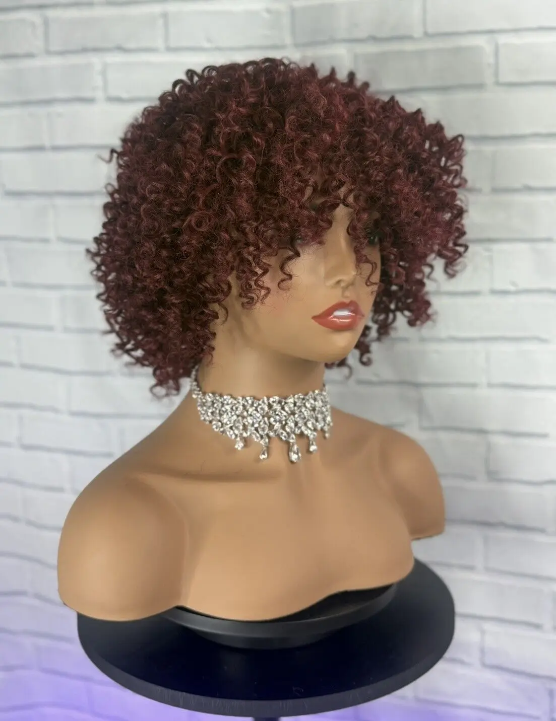 

Short Burgundy Red Kinky Curly Wigs with Bangs Big Bouncy Synthetic Hair Wig