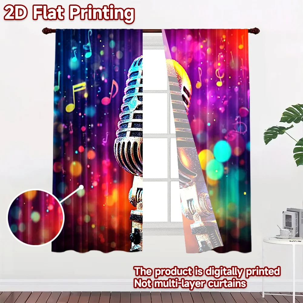 2D flat 2pcs Curtain Vintage drapes Curtains Retro Microphone Digitally printed polyester Festive Holiday Use for Bedroom Living