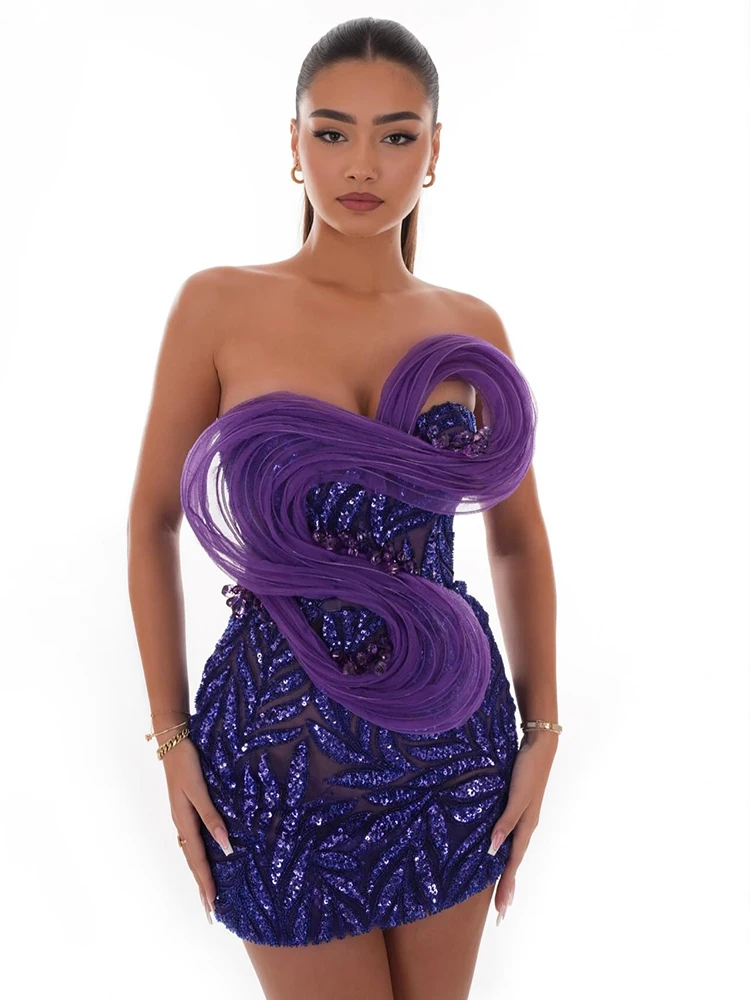 VC Dark Purple Sequins Strapless Luxury Short Dress Mesh Embellished Party Evening Bithday Nightclub Stage Outfits