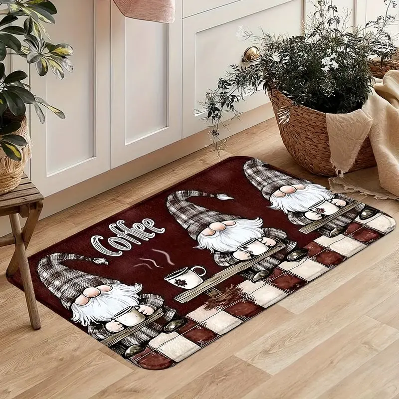 VIKAMA Burgundy Dwarf Goblin Kitchen Rug, Checkered Coffee Cup Slogan Decorative Non-Slip Kitchen Runner, Home Decor