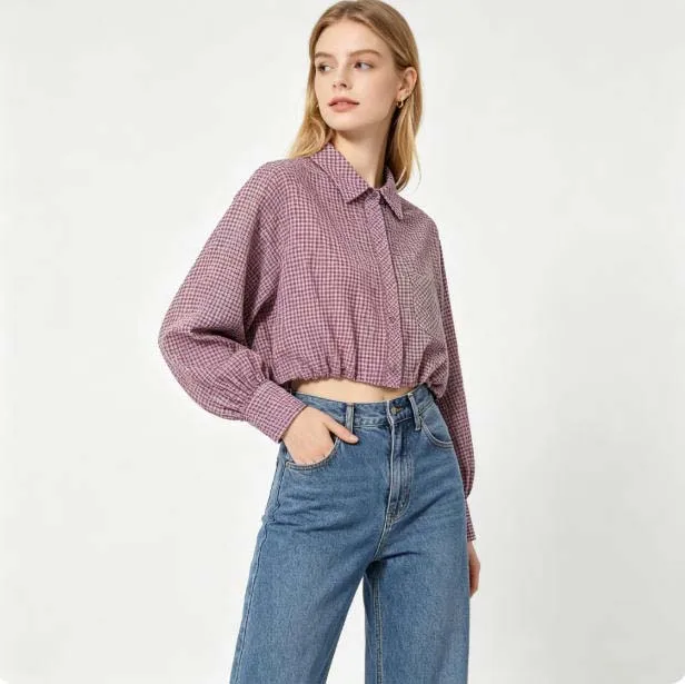 Women's Leisure Small plaid loose casual Shirt College Style Lapel Long Sleeve Blouses Single Breasted Chic Ladies Tops Mujer