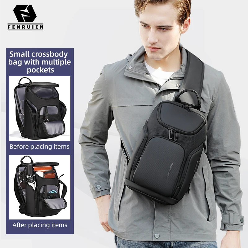 Fenruien Men Shoulder Bag For Men Waterproof USB Charge Crossbody Bags Male Short Trip Chest Bag Fit For 9.7 Inch iPad