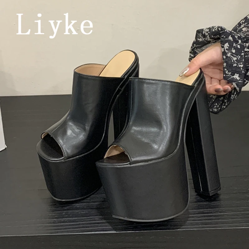 Liyke Runway Fashion 18CM Extreme High Heels Ladies Party Night Club Shoes Sexy Peep Toe Chunky Platform Women Slippers Sandals