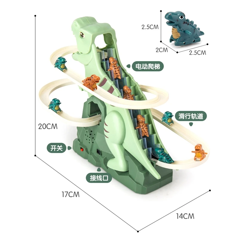 Dinâmico rotativo dinossauro aventura slide subir escadas brinquedo de pista elétrica educacional das crianças