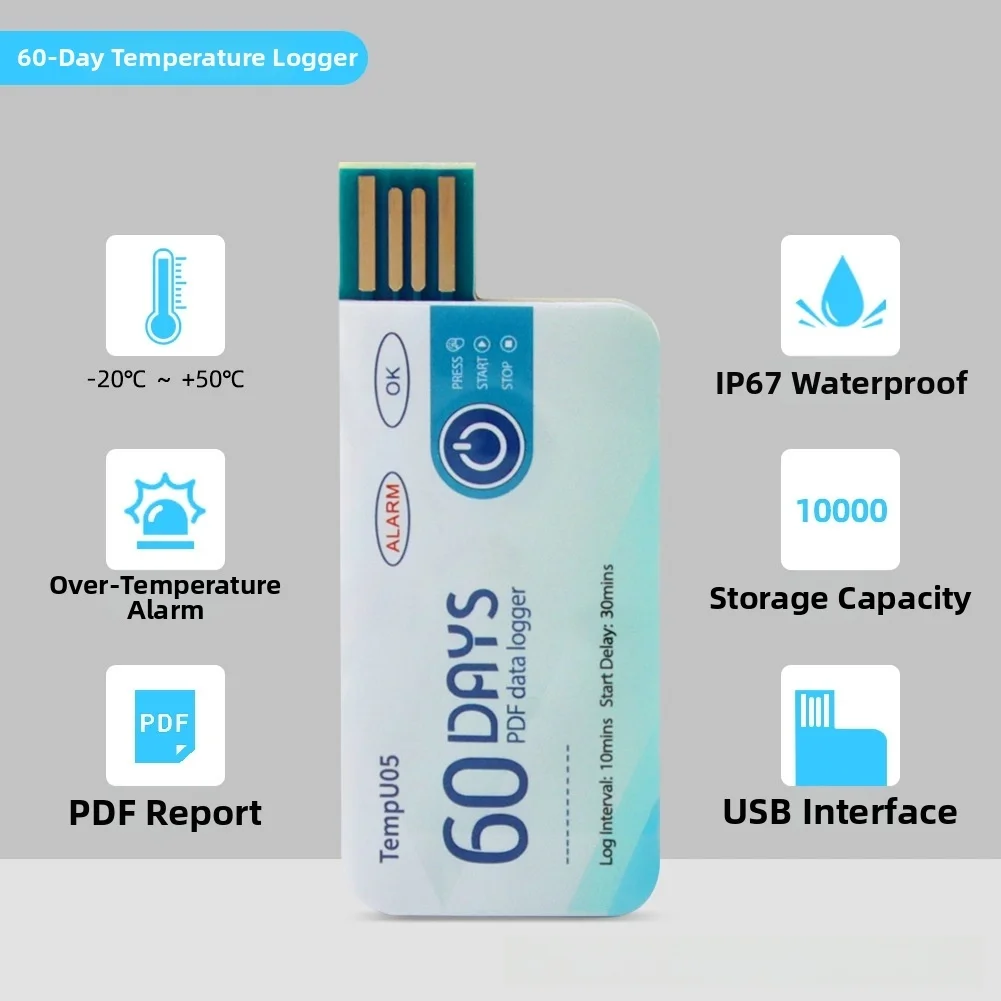 PDF Report Export Temp Data Logger Cold Chain Transport PDF Data Export 60-day Recording 0.5 Accuracy Alarm Flashing Light