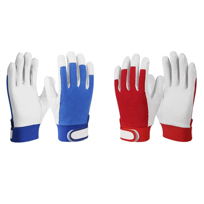 Goatskin TIG Welding Gloves with Elastic Wrist Cuff, Heavy-Duty Goatskin Working Gloves, Nylon Stretch Back, Blue/ Red