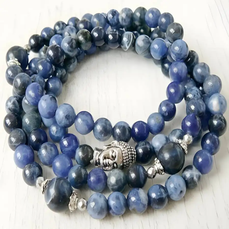 

6mm Sodalite 108 Beads Mala Buddhist Bracelet Necklace Tibetan Bodhi Hand Natural stone Buddhist Yoga zazen Nirvana Japa Stone