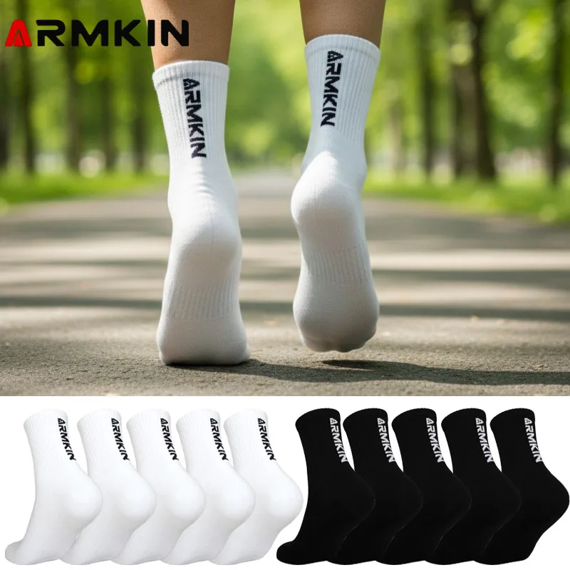 

5 Pairs ARMKIN Men Socks White/Black Color Women Sport Socks Cotton Outdoor Sock High Quality Mid-calf Running Socks Size 37-44