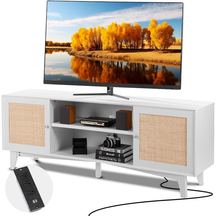 

Rattan TV Stand for 75in TV Boho TV Stand with Rattan Door Entertainment Center with Buildin Socket Storage Cabinet with 2 She