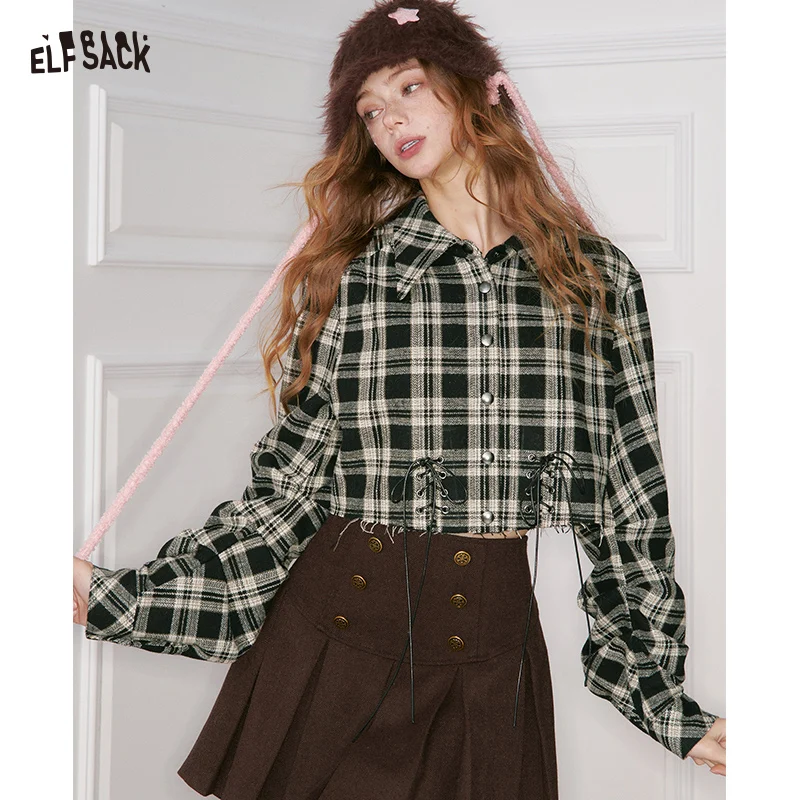 ELFSACK Women Short Preppy Jacket 2025 Autumn Winter Plaid Bow Tie Puff Sleeve Sweet Casual Outerwear