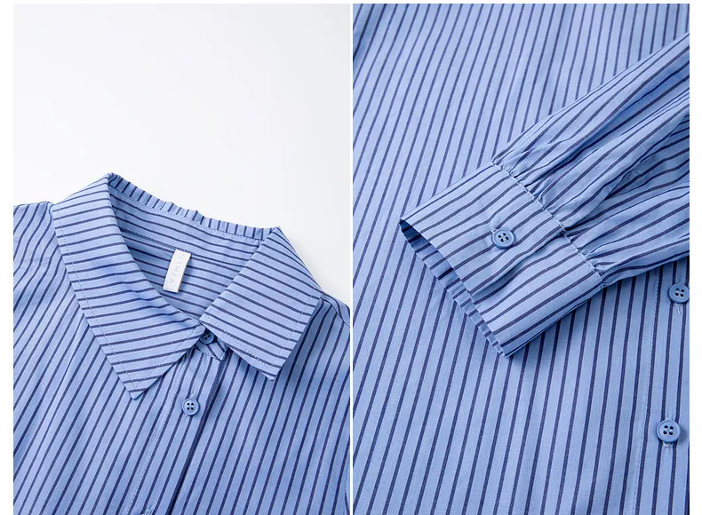 VIMLY Women's Blue Striped Shirt 2026 Spring New Irregular Placket Turn-Down Collar Long Sleeve Top Casual Commute Shirt A3711