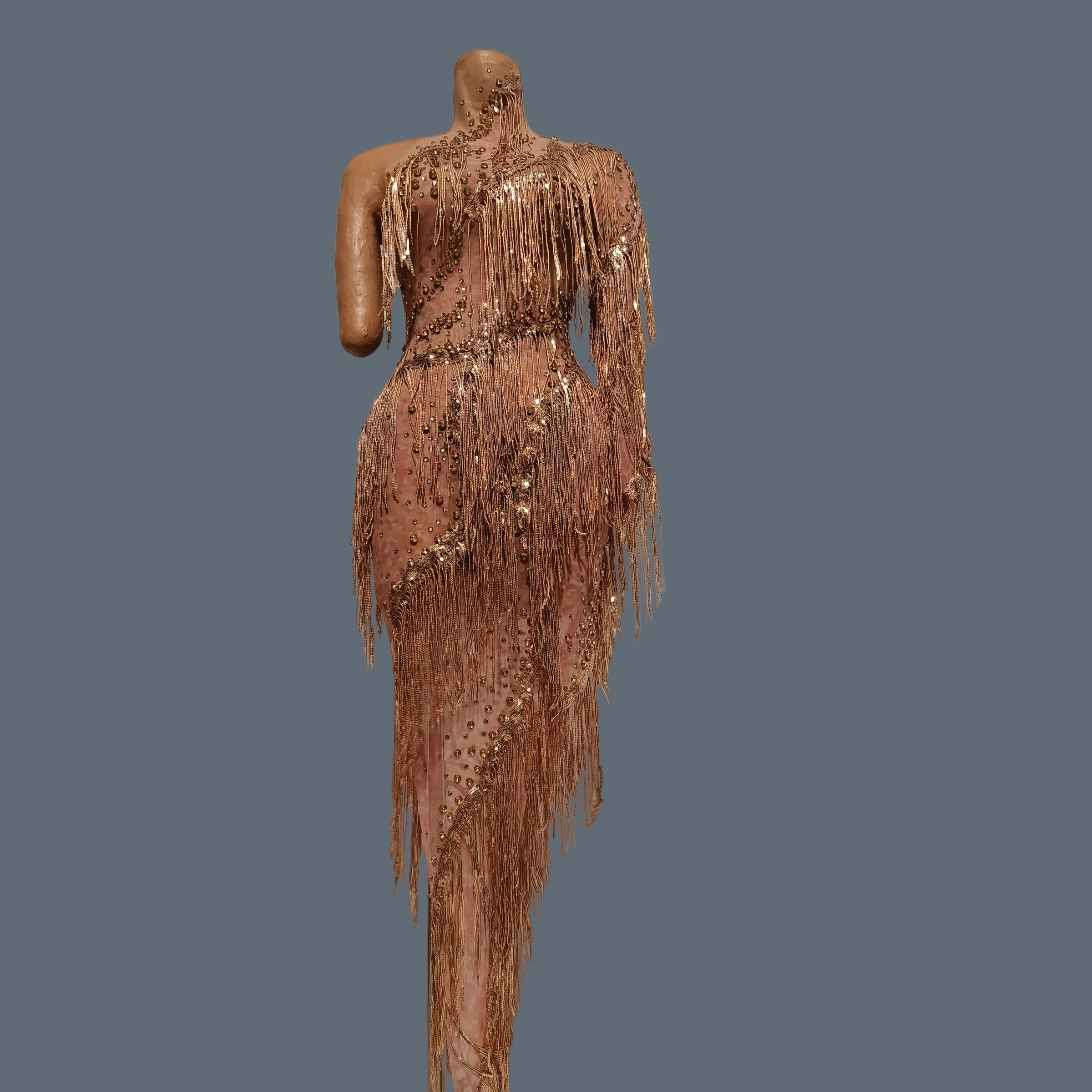 

Sheer Mesh One Shoulder Long Sleeve Dress Gold Sequin Beaded Fringe Embellished Stage Show Costume Party Evening Wear Liulang
