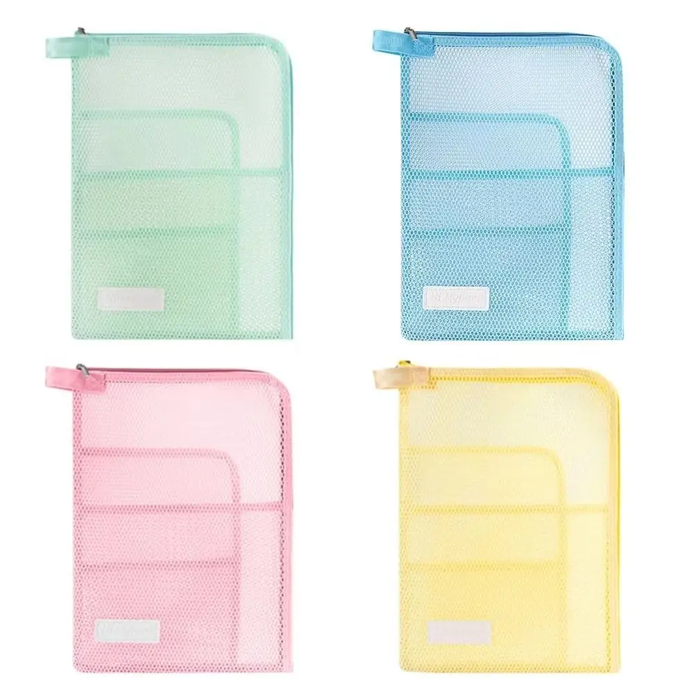 Large Opening Portable Mesh File Folder Zipper 4 Layers Document Folder Bag Large Capacity Small Handle L-shape File Organizer